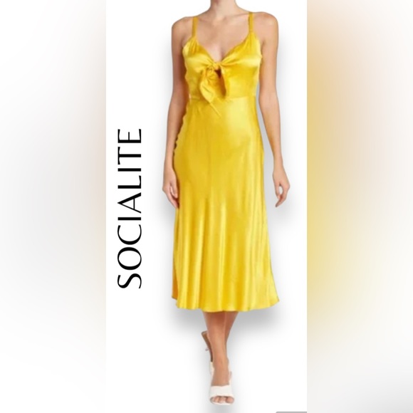 Socialite Dresses & Skirts - Small NWOT SOCIALITE Front tie Yellow Satin Midi Dress